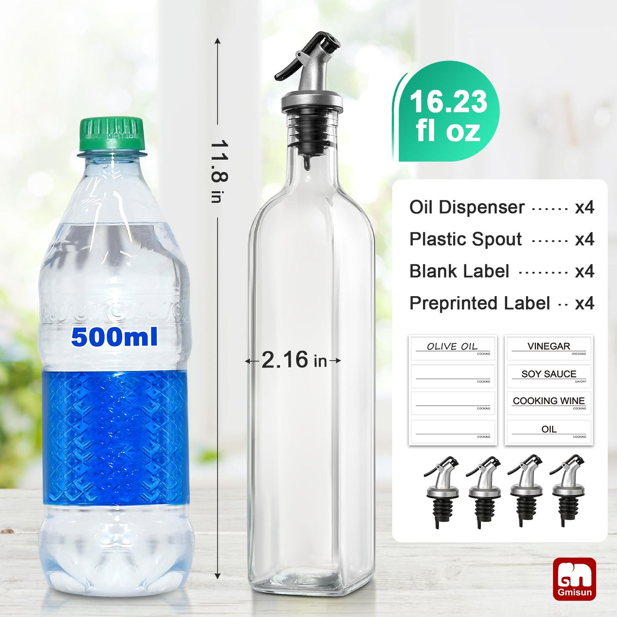 GMISUN oil dispenser 4-pack close-up of upgraded flip spout for precise pours.