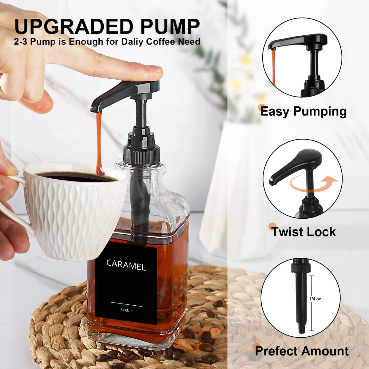 GMISUN square glass syrup bottle closeup with pump shows easy portioning.