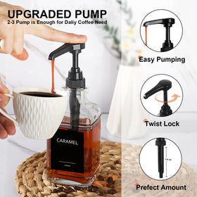 GMISUN square glass syrup bottle closeup with pump shows easy portioning.