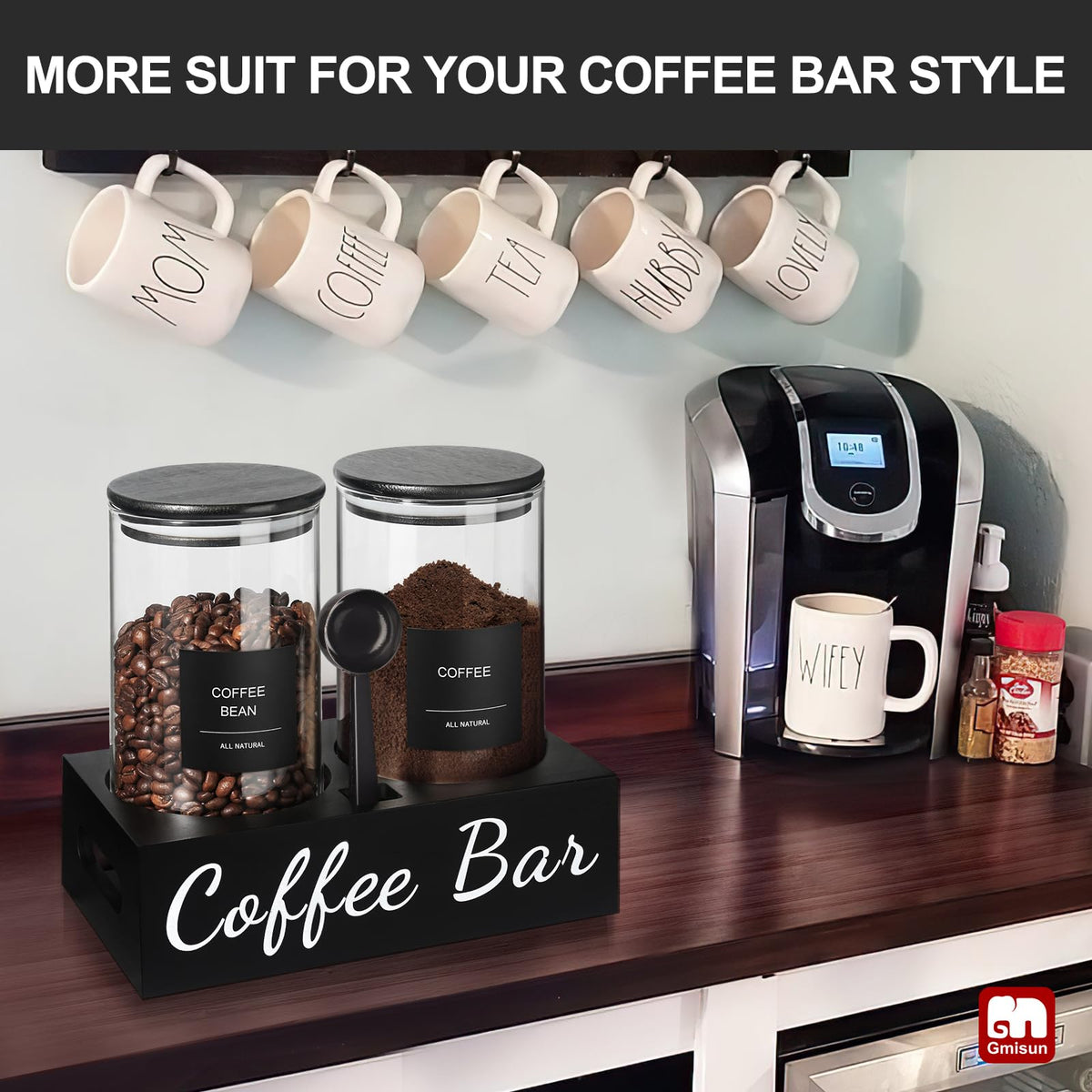 GMISUN wooden shelf enhances coffee bar style while keeping containers organized.