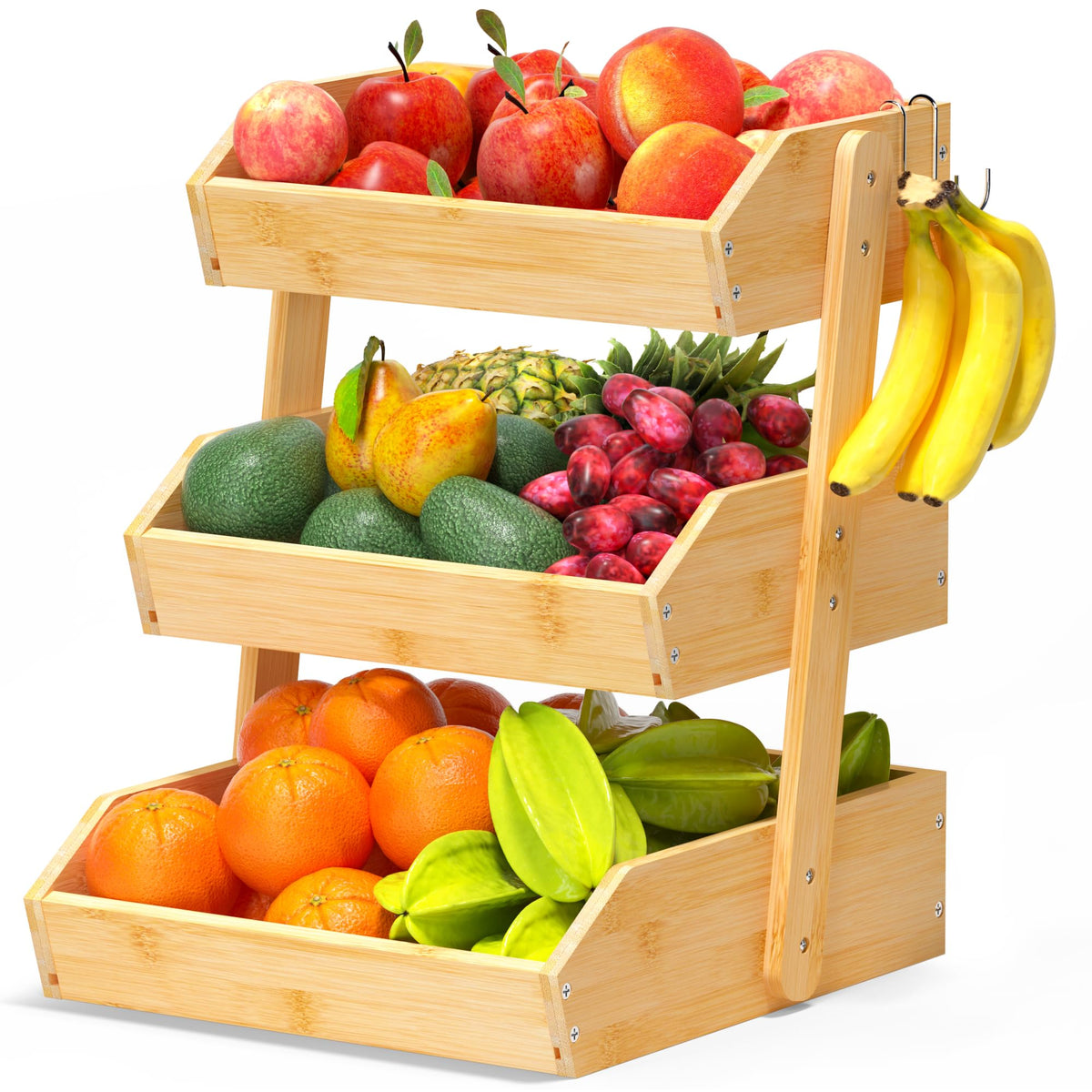 Gmtsl Bamboo 3-tier Fruit Basket on kitchen counter for organized storage.
