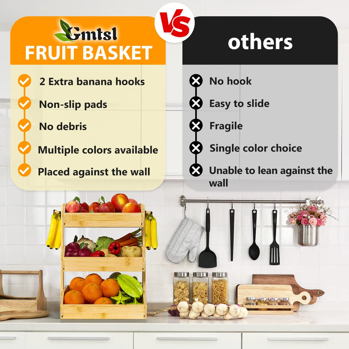 Gmtsl Fruit basket on counter showcasing fresh fruit and snacks.