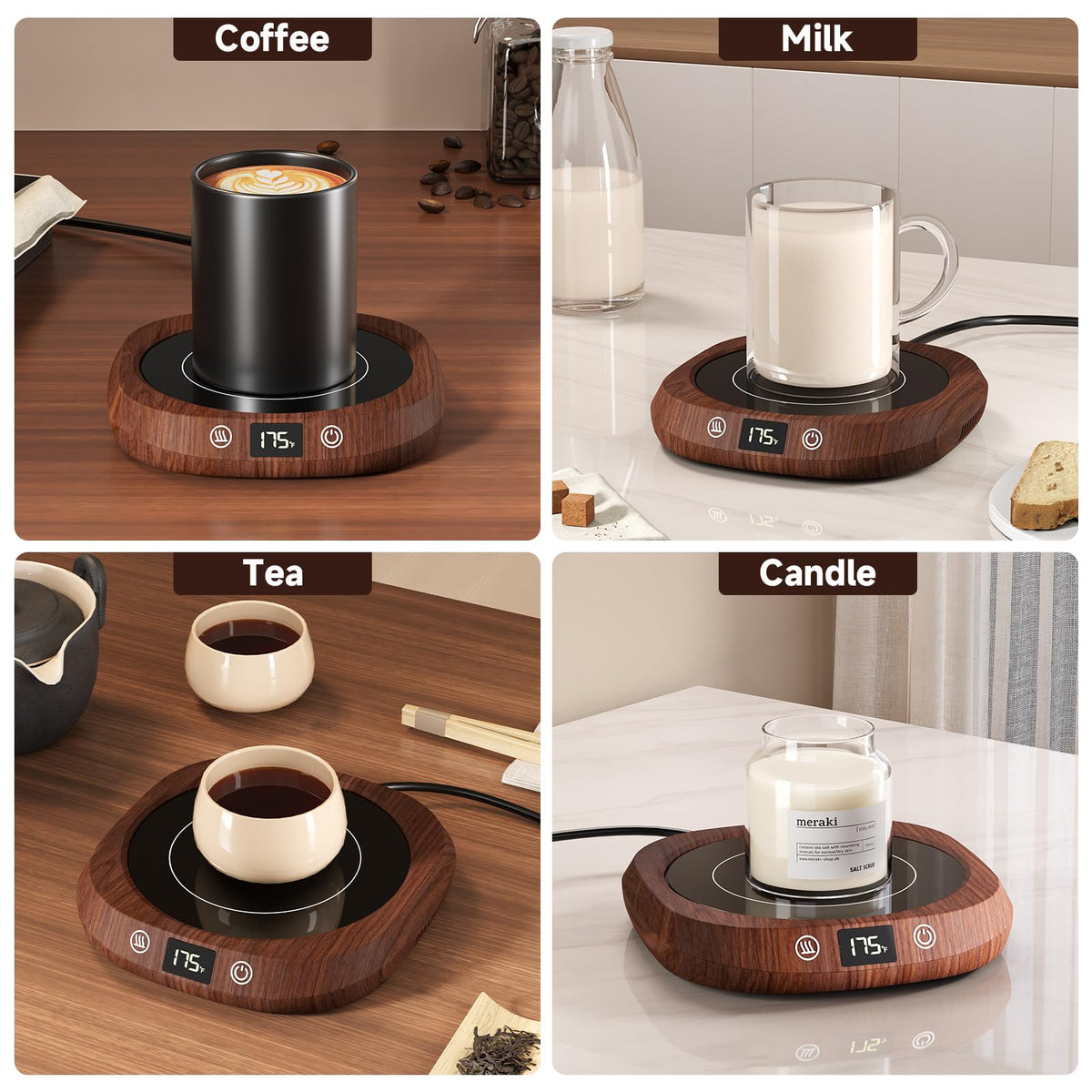 GNIYUIX warmer compatible with glass, ceramic, and metal cups.