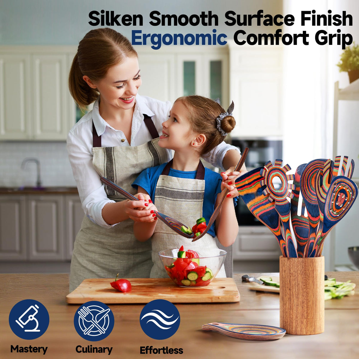 Gnyonat Pakkawood blue serving tools closeup highlights smooth, non-stick friendly finish.