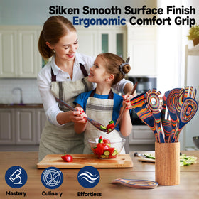 Gnyonat Pakkawood blue serving tools closeup highlights smooth, non-stick friendly finish.