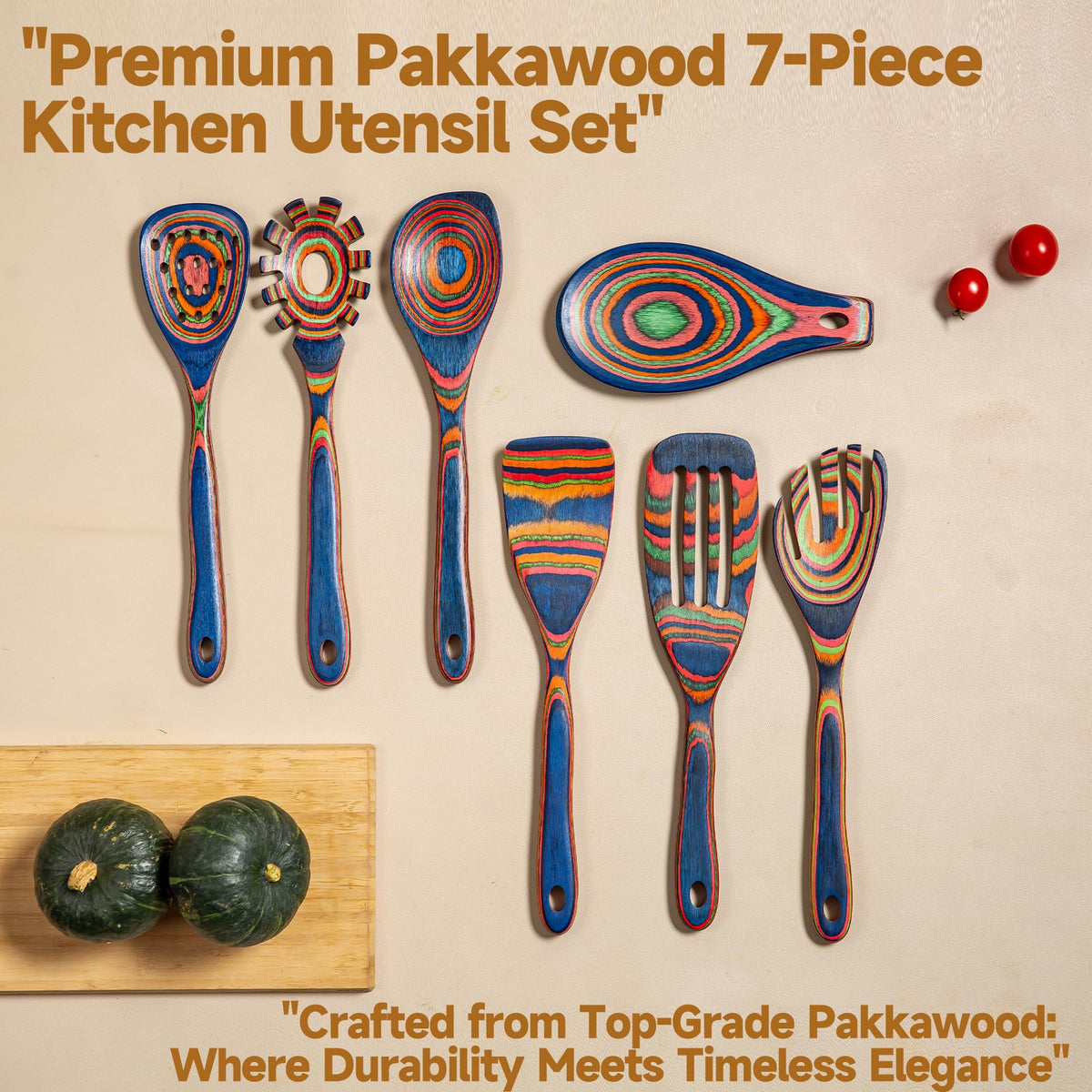Gnyonat Pakkawood blue spoons various sizes help with stirring and serving.