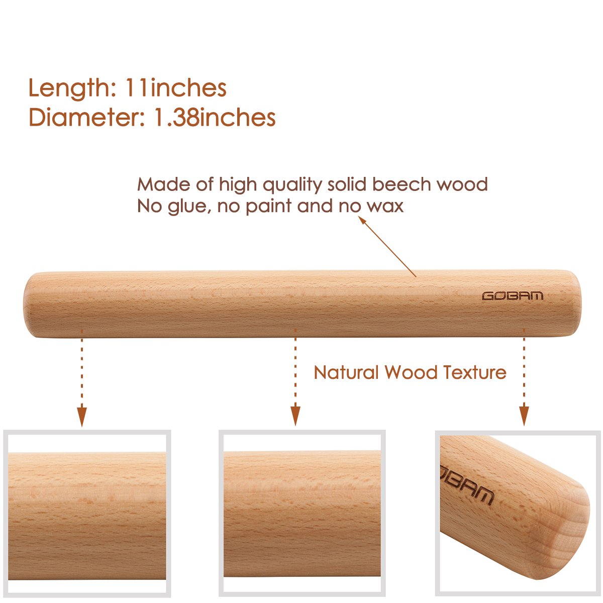 GOBAM Beech wood rolling pin with a smooth surface for even dough.