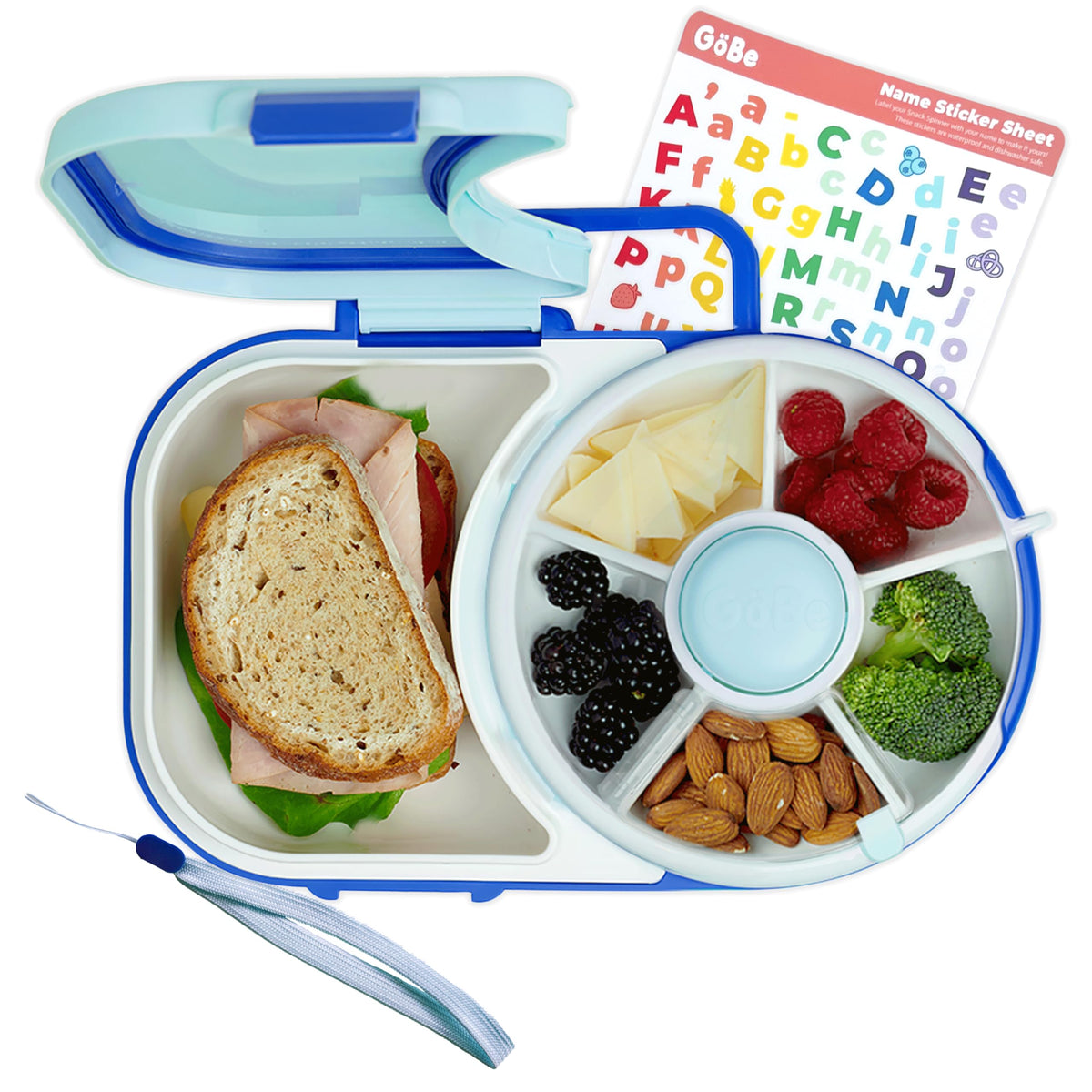GoBe Kids Lunchbox Macaron Blue front view shows organized compartments for school meals.