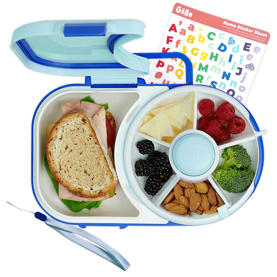 GoBe Kids Lunchbox Macaron Blue front view shows organized compartments for school meals.
