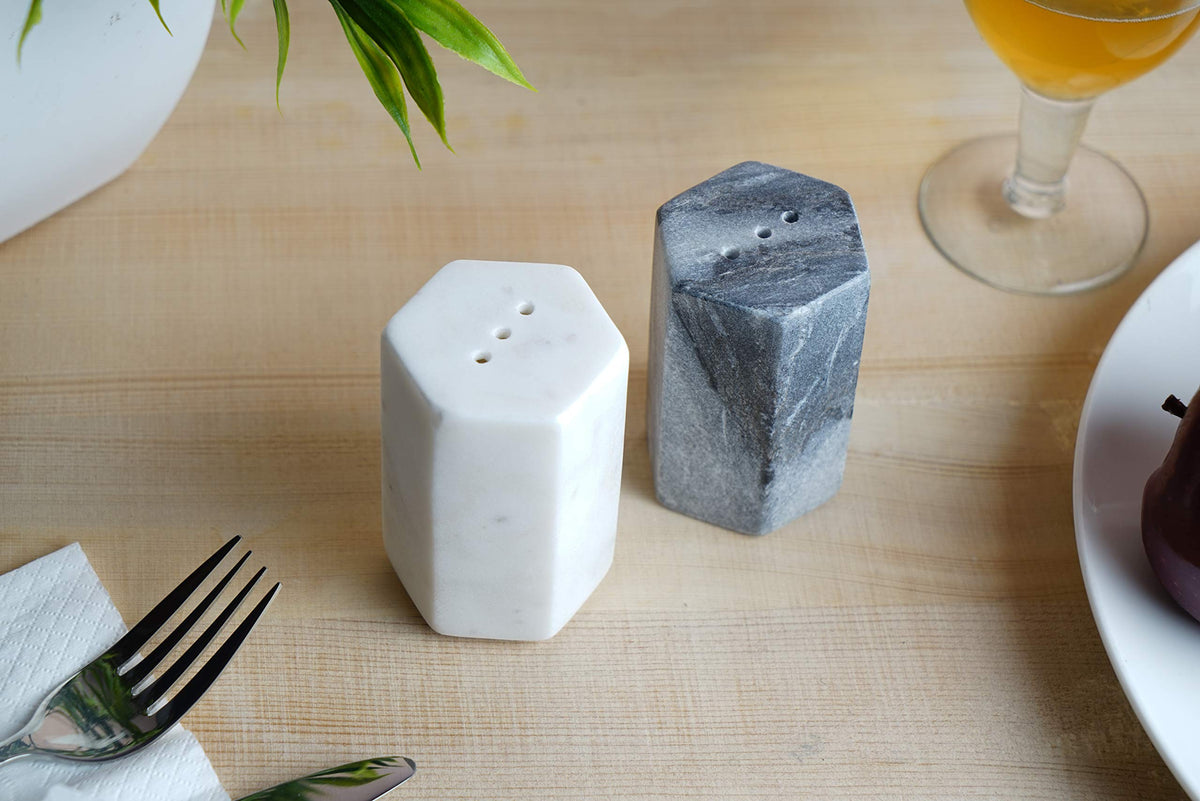 GoCraft handcrafted marble shakers show unique veining and artisanal finish.