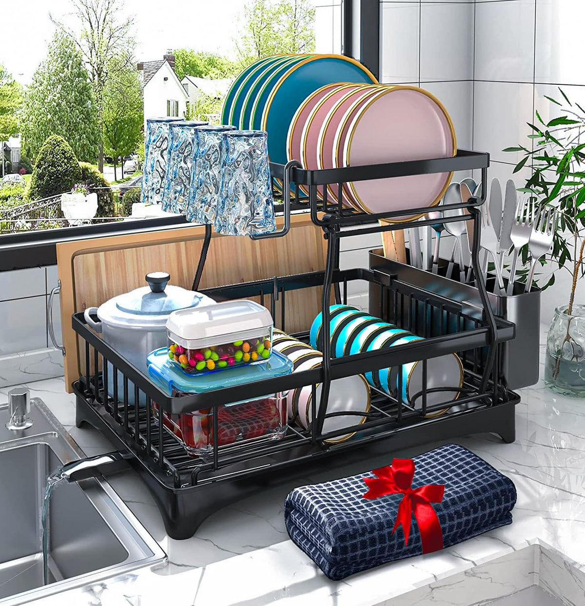 Godboat 2-tier dish drying rack keeps counters dry and organized.