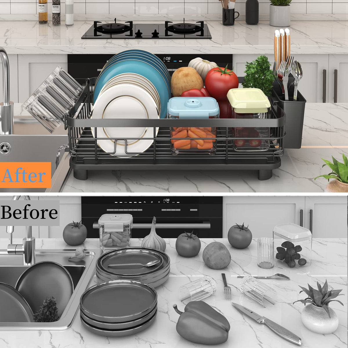 Godboat dish rack with 3-slot cutlery rack neatly holds knives and forks.
