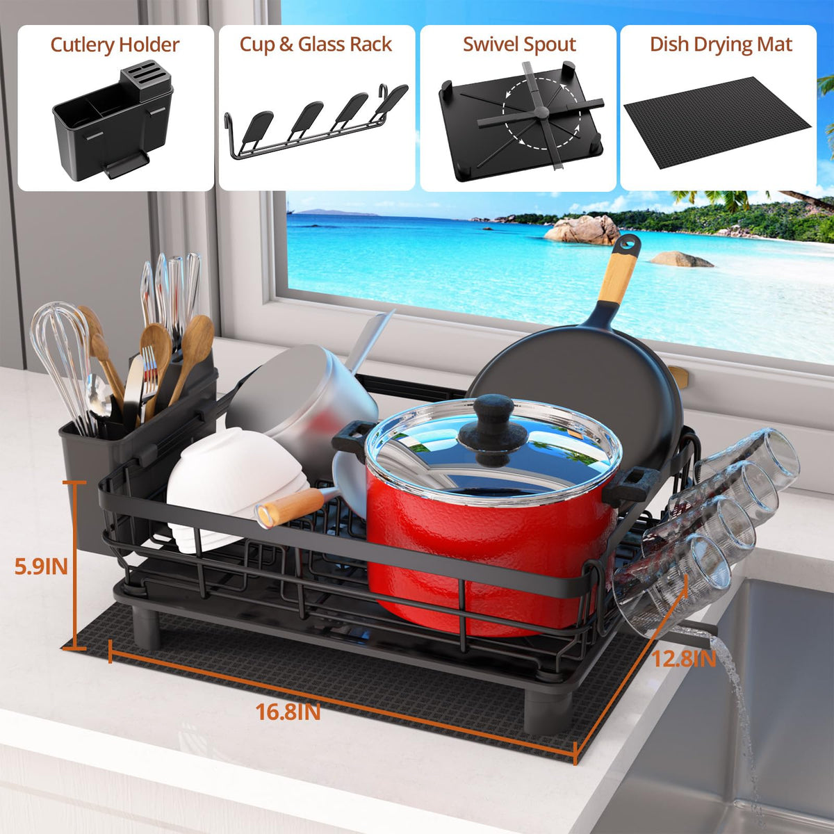 Godboat draining tray demonstrates automatic drainage to keep countertops dry.