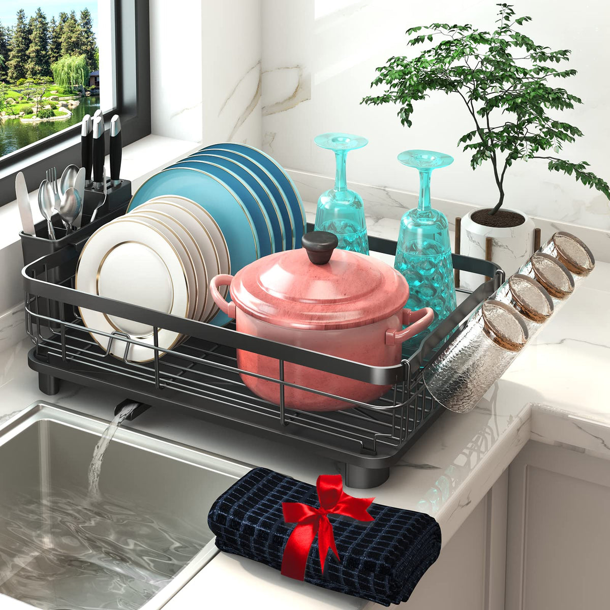Godboat dish drying rack top view with movable cup holder for organized drying.