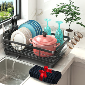 Godboat dish drying rack top view with movable cup holder for organized drying.