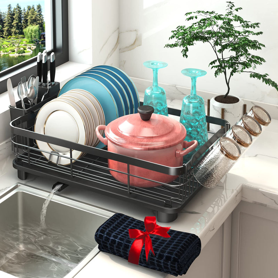 Godboat dish drying rack top view with movable cup holder for organized drying.
