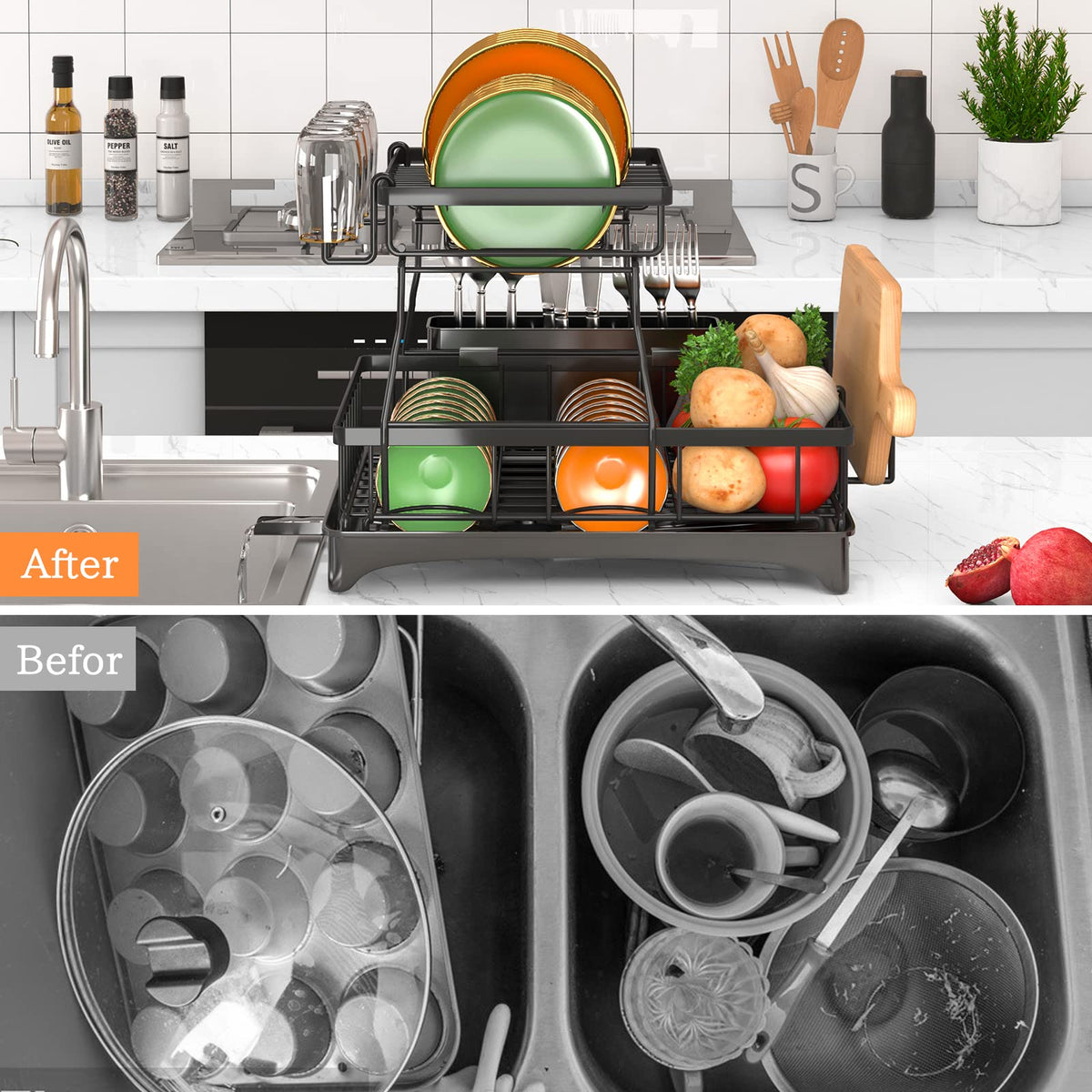 Godboat space-saving kitchen counter rack fits into corners.