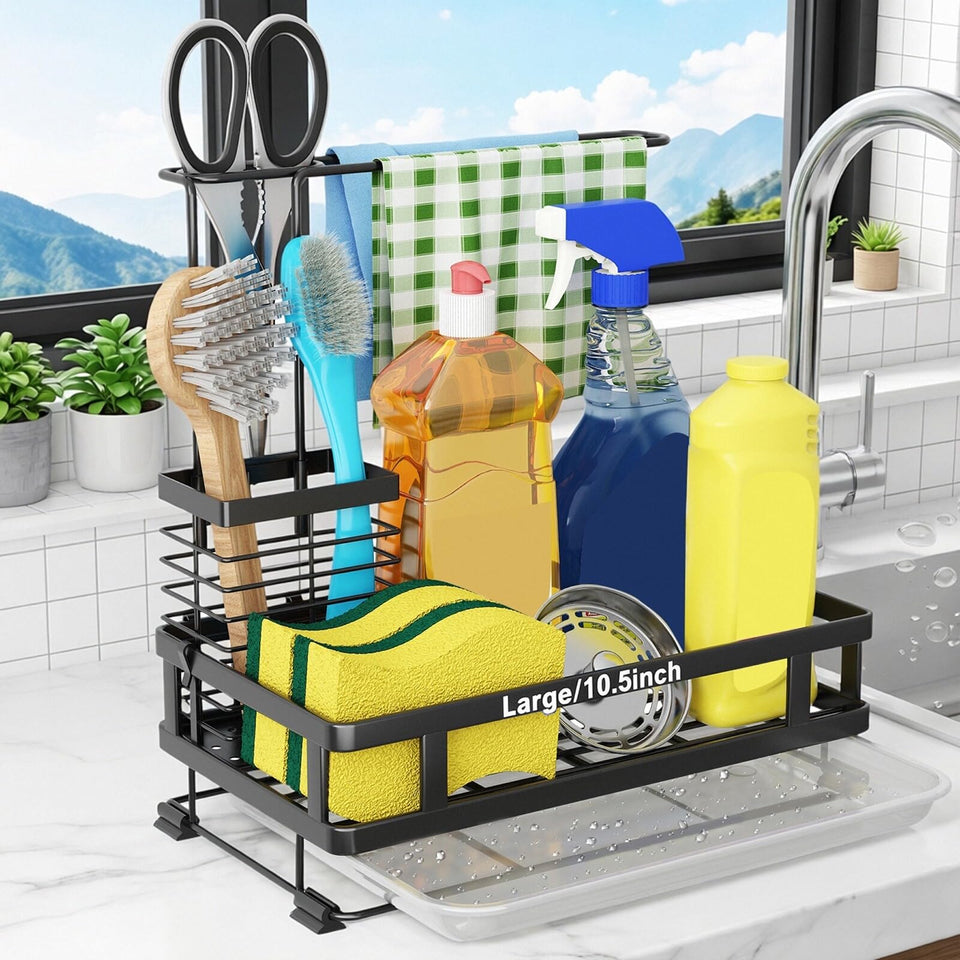 Godboat sink organizer with drip tray keeps sponges and soaps neatly within reach.
