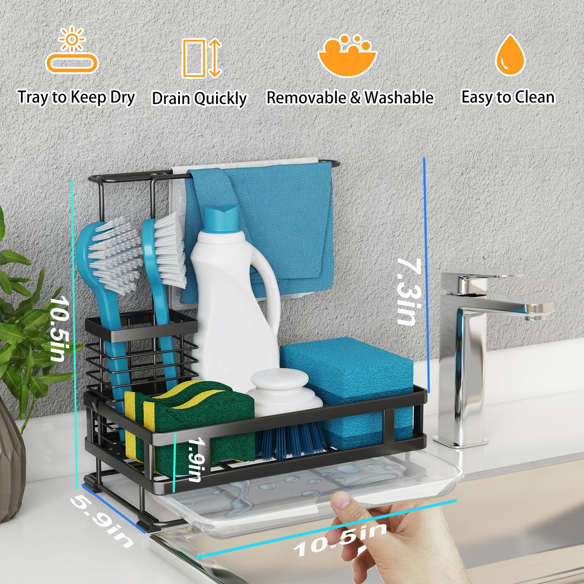 Godboat sponge holder and dish soap dispenser organize counter space and tools.