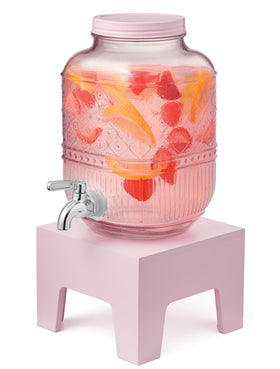 Godinger beverage dispenser with wooden base pedestal, easy pour and stylish pink accent.