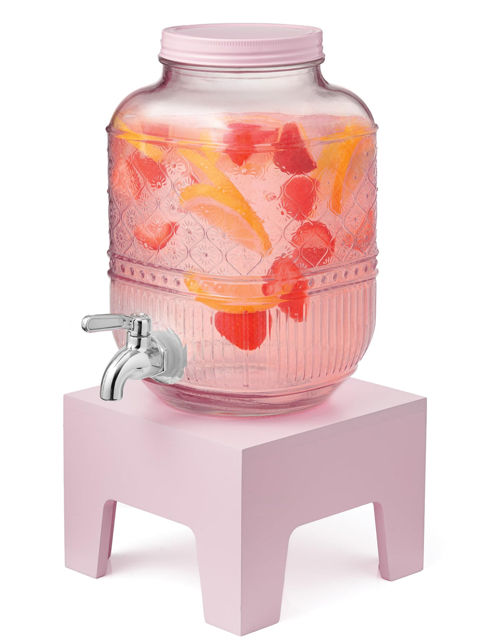 Godinger beverage dispenser with wooden base pedestal, easy pour and stylish pink accent.