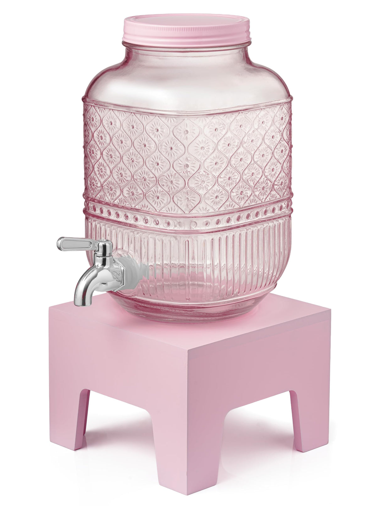 Godinger Claro Collection etched glass dispenser, vintage charm for entertaining with pink hue.