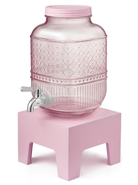 Godinger Claro Collection etched glass dispenser, vintage charm for entertaining with pink hue.