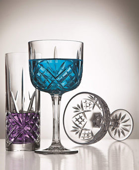 Godinger Dublin crystal high-ball glass pairs with ice and garnishes.