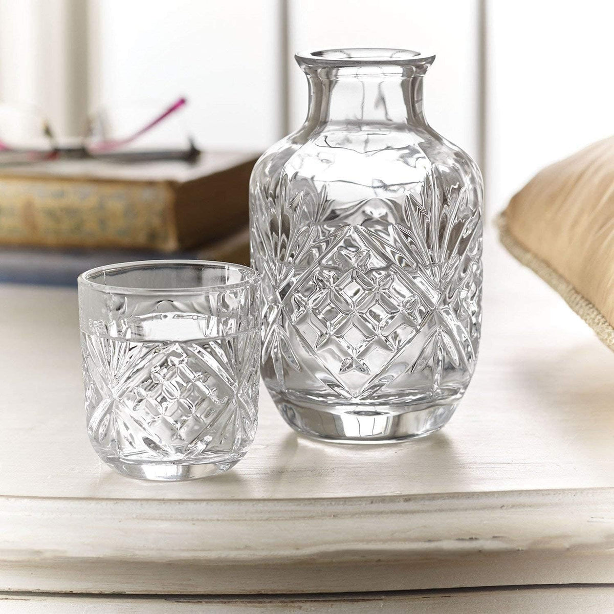 Godinger dishwasher-safe night carafe set maintains crystal clarity.