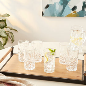 Close-up of starburst etching on a Dublin Highball catching light for stylish entertaining.