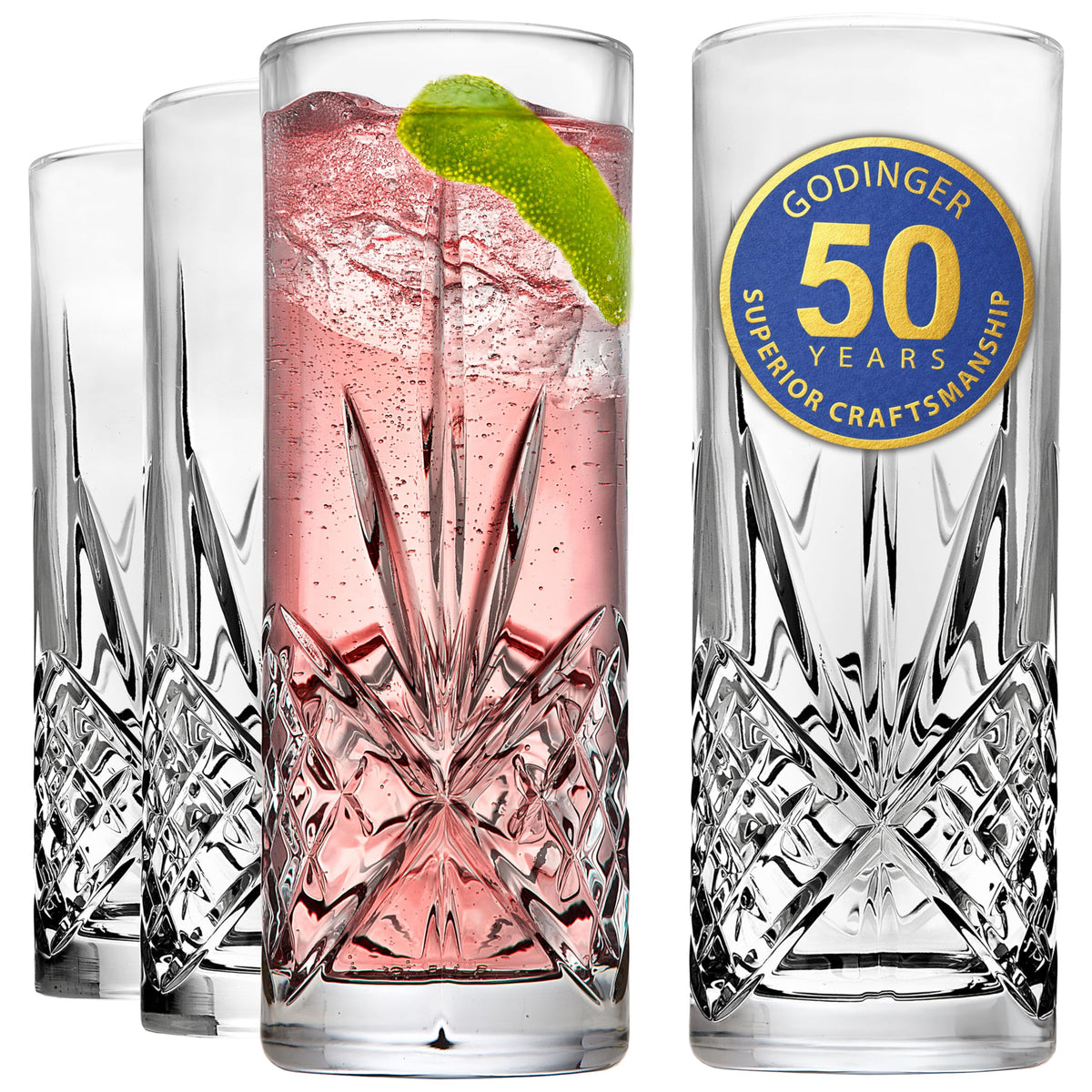 Godinger Dublin tall beverage glass with crystal clarity for everyday drinks.