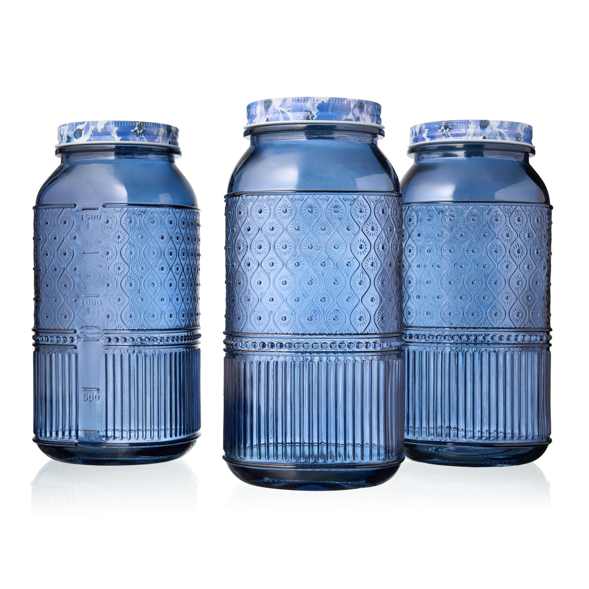 Godinger glass jars on open shelves offer clear visibility for ingredients and decor