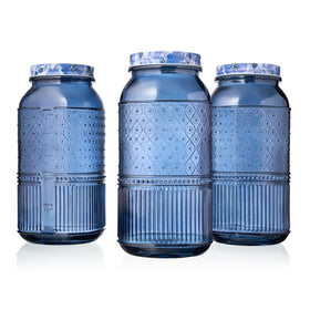 Godinger glass jars on open shelves offer clear visibility for ingredients and decor