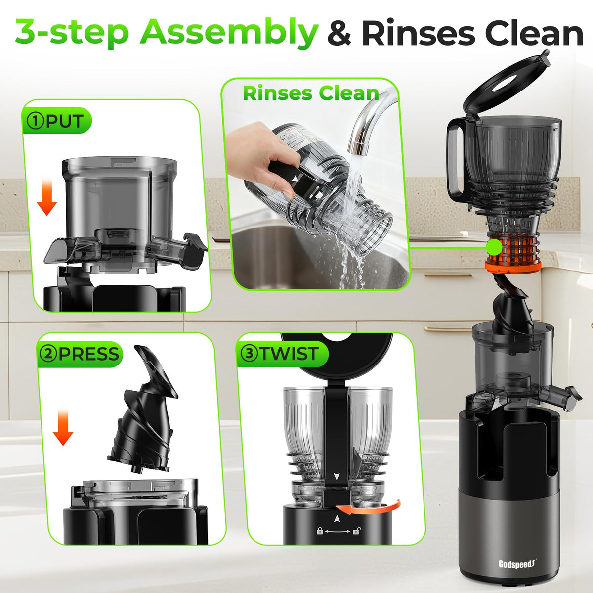Godspeeds juicer high juice yield ideal for leafy greens and mixed fruits