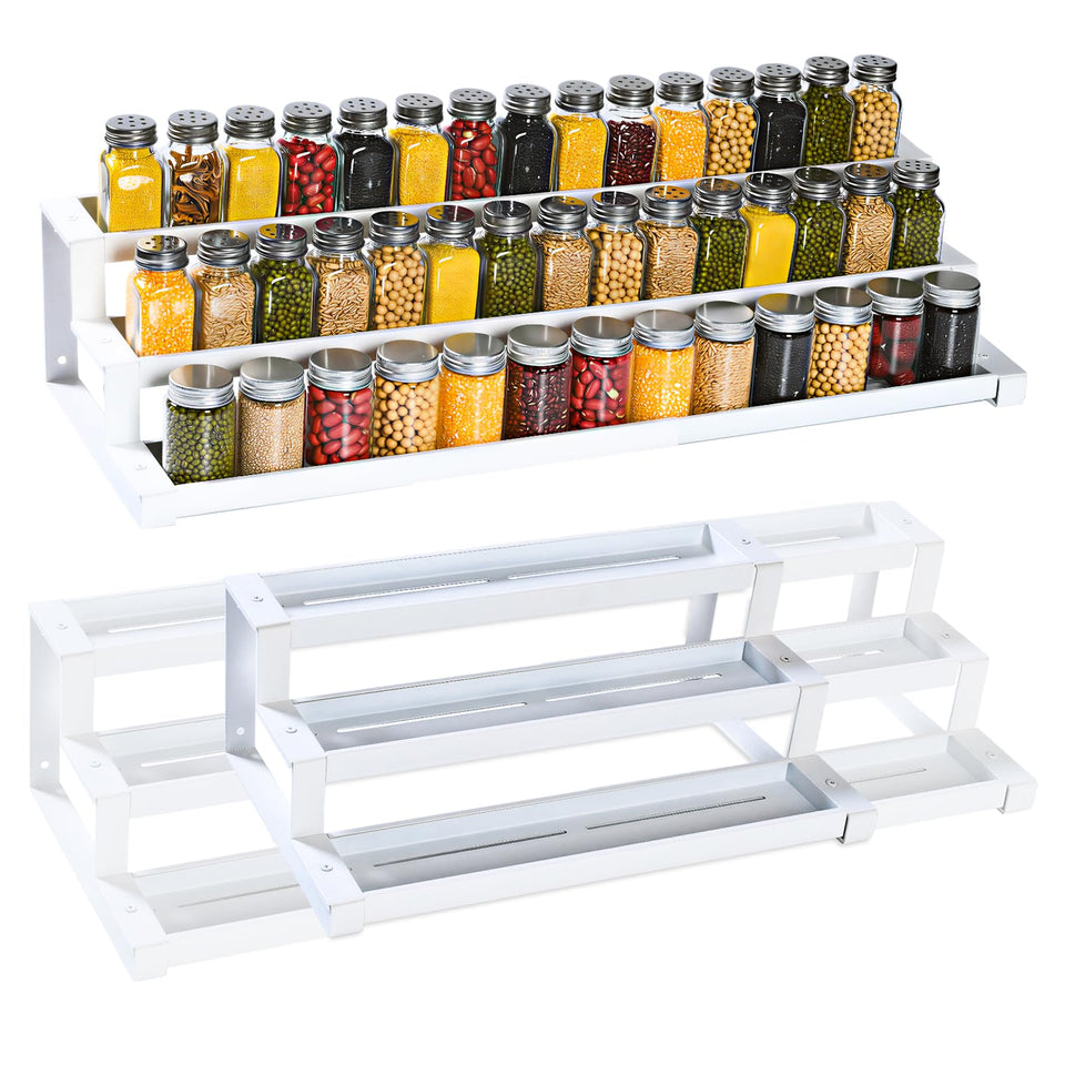 GOENDR 3-Tier Spice Rack extended in a cabinet shows adjustable width for spices.