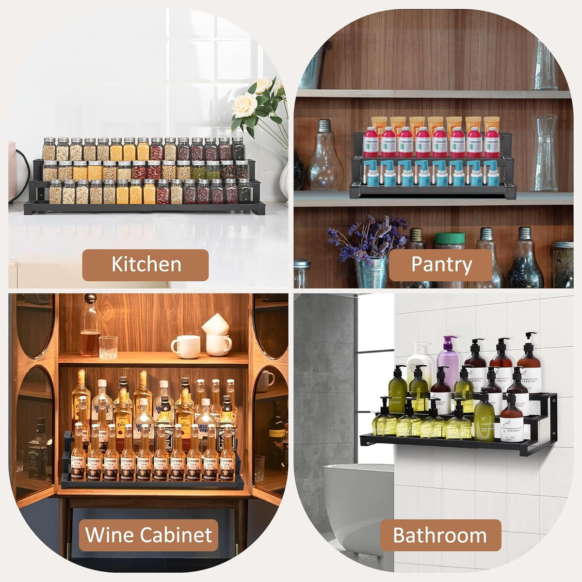GOENDR Expandable Spice Rack features a three-tier design for organized storage.