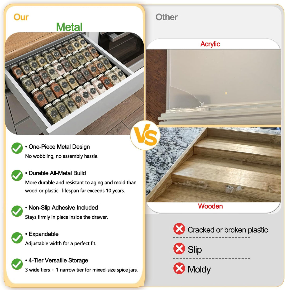 GOENDR expandable spice rack drawer, no assembly, quick setup for kitchen organization.