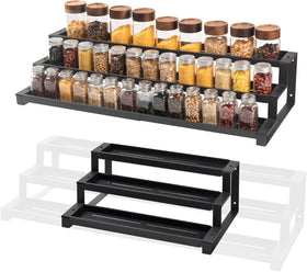 GOENDR Expandable Spice Rack fully extended for tight cabinets and tall spice jars.