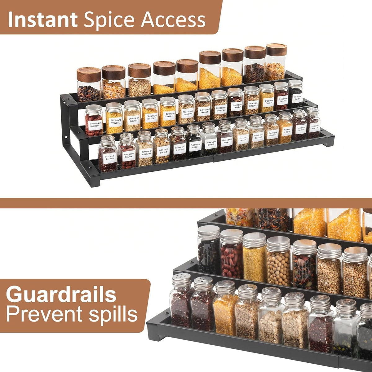 GOENDR Expandable Spice Rack heavy-duty metal resists rust and holds jars securely.