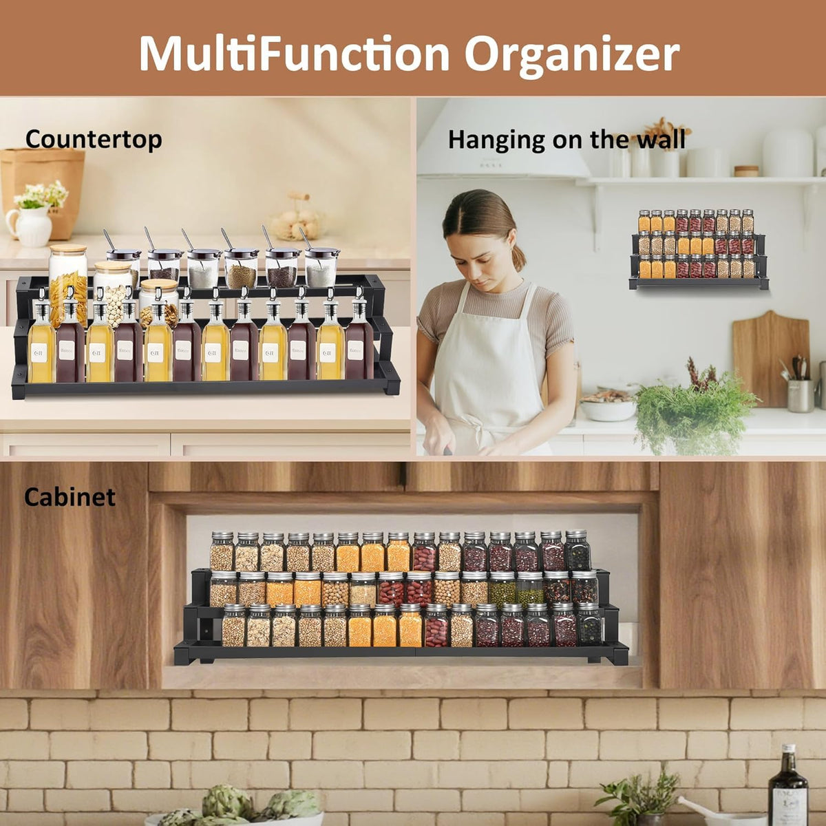 GOENDR Expandable Spice Rack supports wide capacity for spices, cans, and jars.