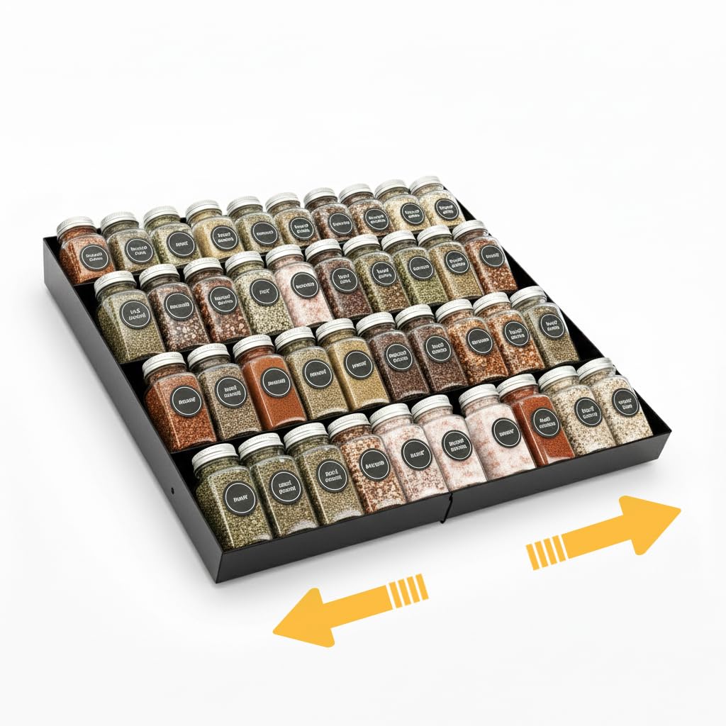 GOENDR metal spice drawer 4-tier extended, expands to fit wider drawers for organized spices.