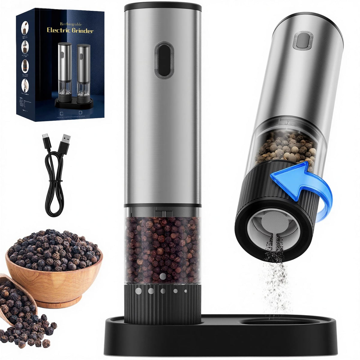 gofuch electric salt and pepper grinder set on a kitchen counter for easy seasoning.