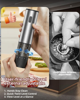 gofuch USB rechargeable battery powers daily, battery-free grinding convenience.