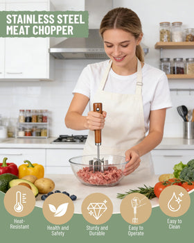 Gogeffor hamburger smasher with heat resistant wooden handle for comfort.