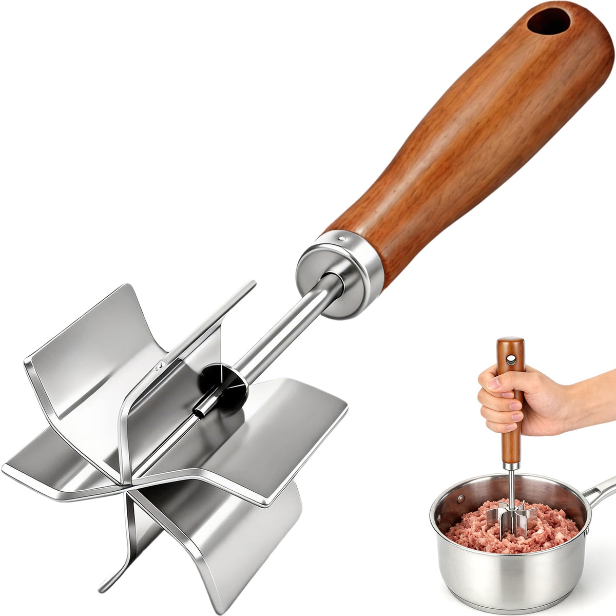 Gogeffor meat chopper with stainless steel 6-blade curved design for efficient chopping.