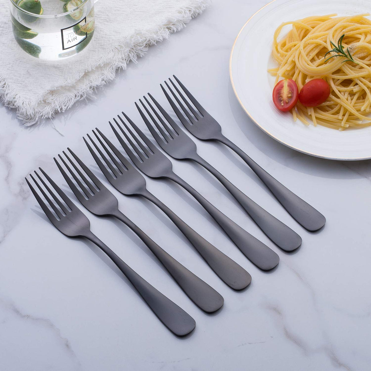 GoGeiLi matte black dinner fork set of 6 displayed on table