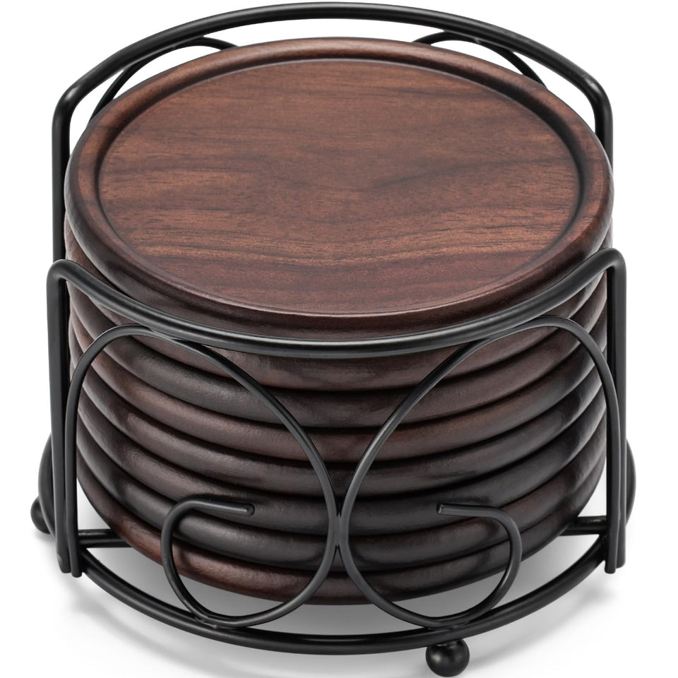 GOH DODD wood coasters with holder showing an organized 8-pack protection.
