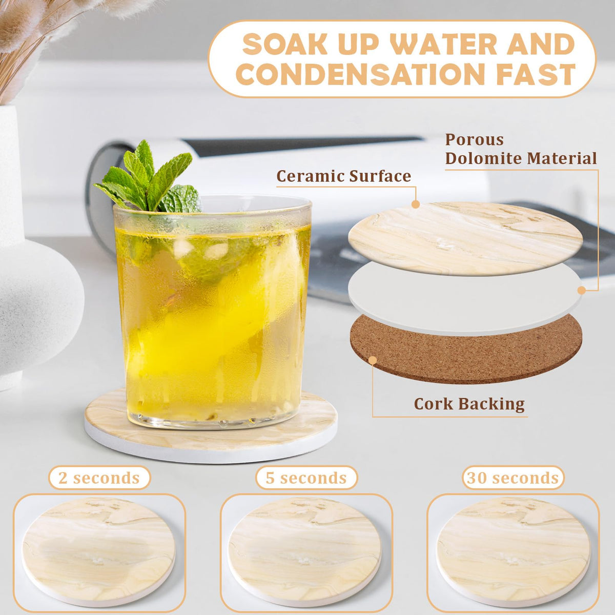 GOH DODD ceramic coasters shown with gold holder adding elegance