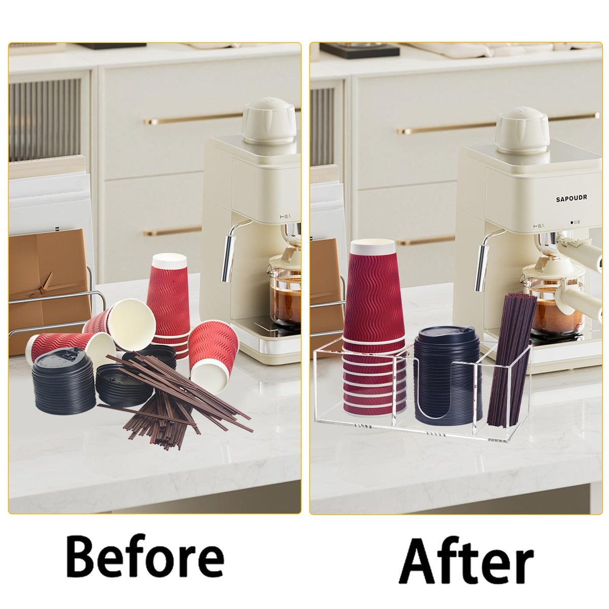Goindy acrylic storage on the counter adds a sleek, durable touch to any space.