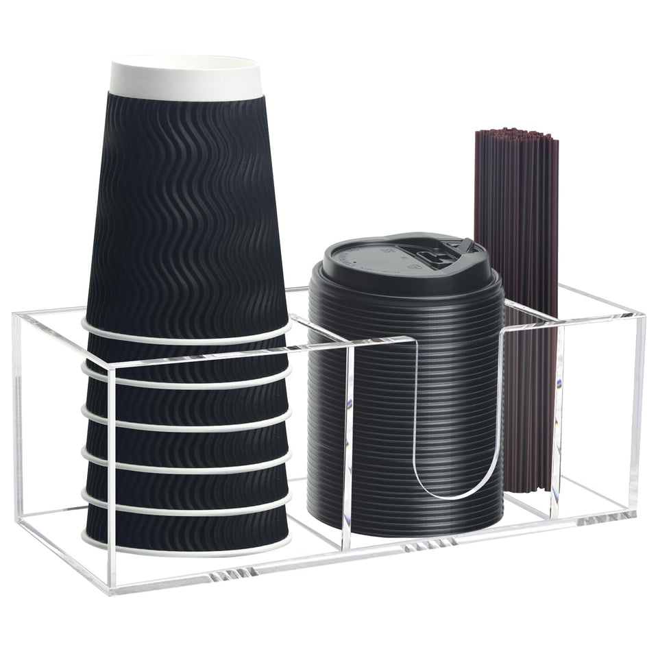 Goindy coffee bar organizer with 3-slot design keeps cups, lids, and straws within reach.